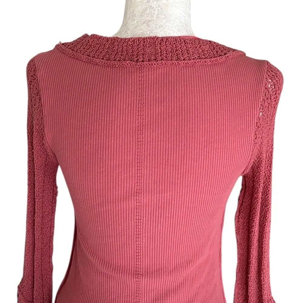 Free People Cuffing Season Crochet Bell Sleeve Ribbed Knit Top in Dusty Cedar S